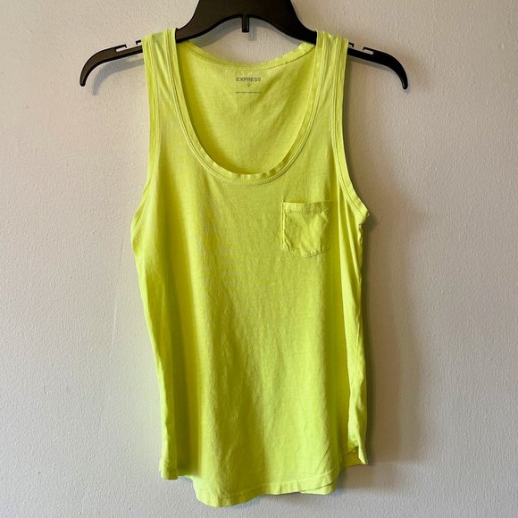 🔥 Express | Neon Yellow Scoop Neck Jersey Knit Pocket Tank Top Sz XS - Picture 1 of 6